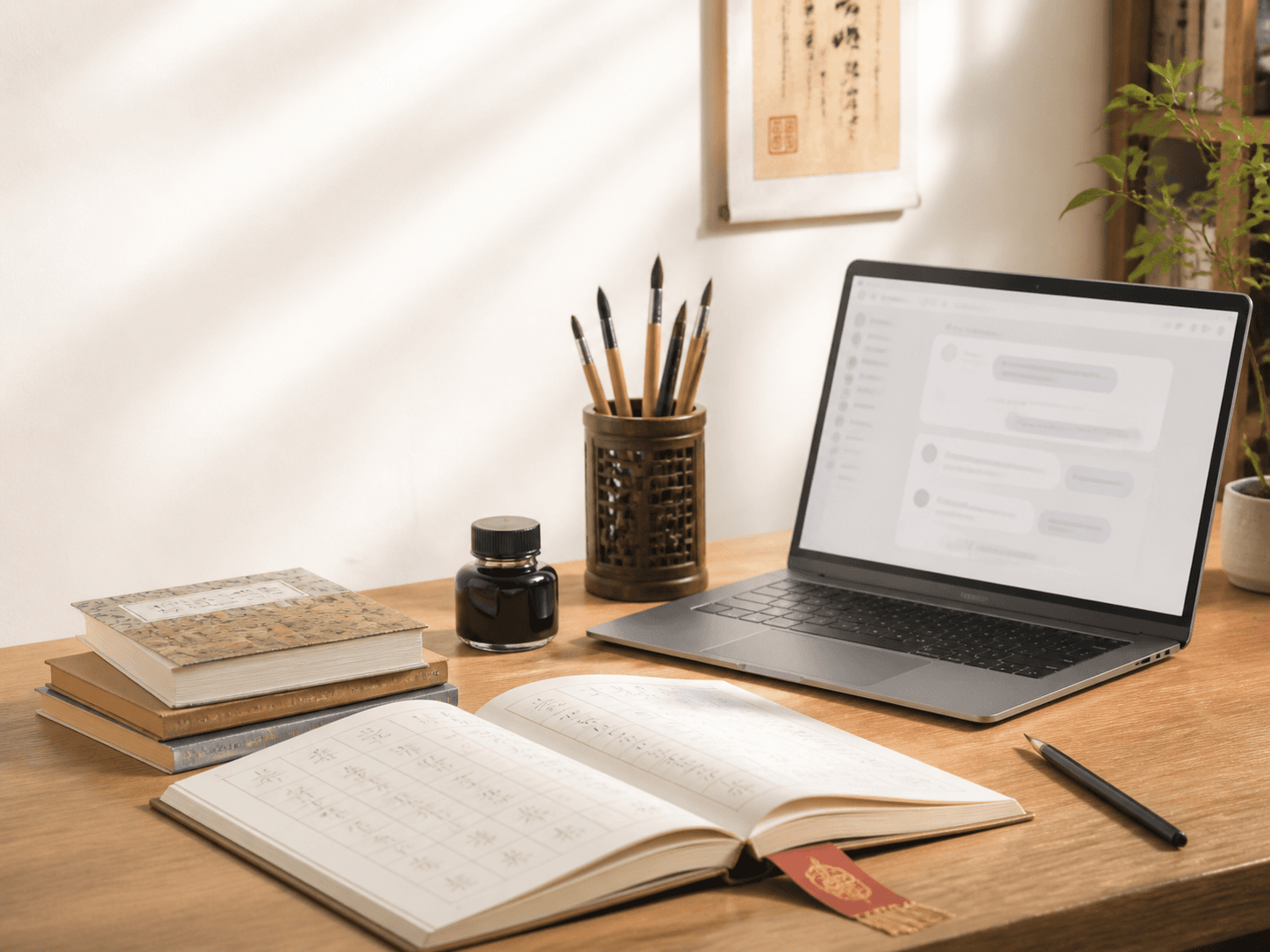 A notebook, calligraphy brush, and computer on a Chinese study desk